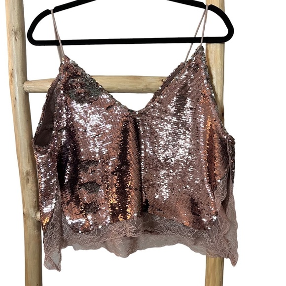 Free People Pink Swinging Sequins Lace Tank Top small Barbie - Picture 2 of 9